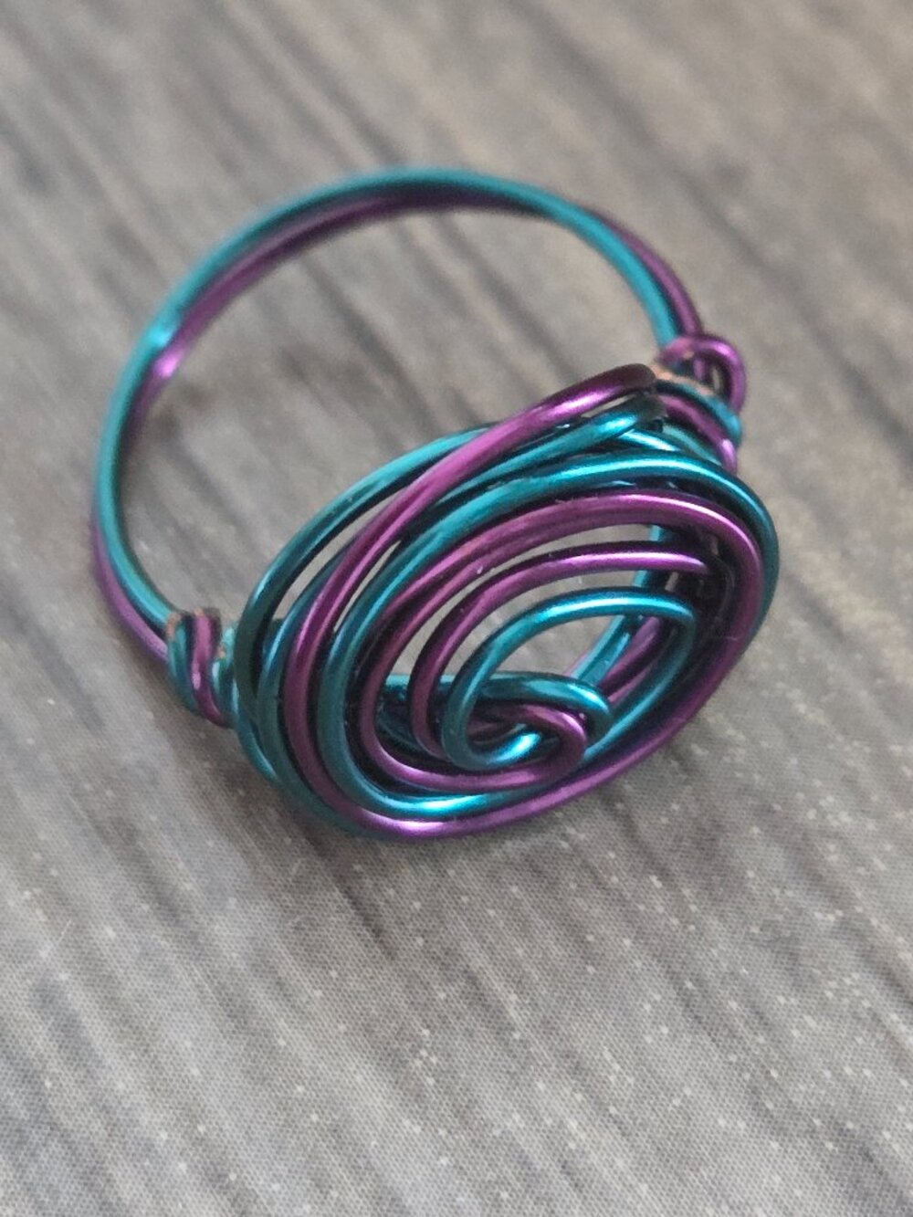 Handcrafted Teal & Purple Wire Spiral Ring